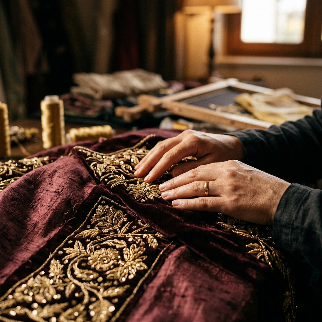 Close-up macro of hands exploring luxurious gold zardozi embroidered silks