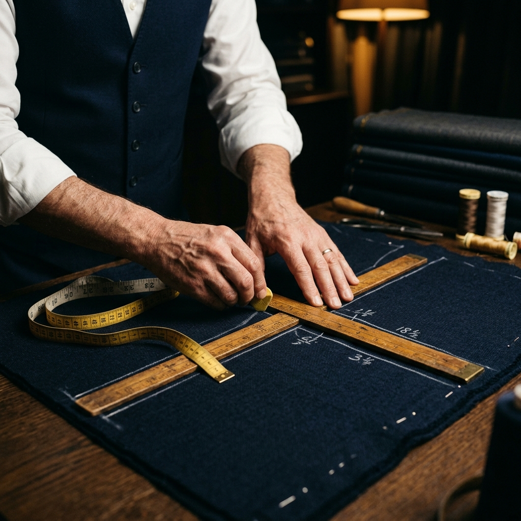 Tailor drafting chalk guidelines on a charcoal wool fabric using a wooden ruler