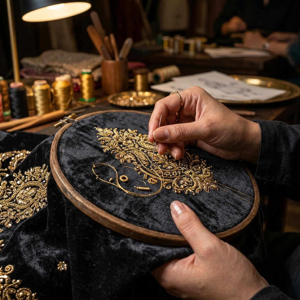 Close-up of artisan hand-sewing gold threads onto velvet with a hoop