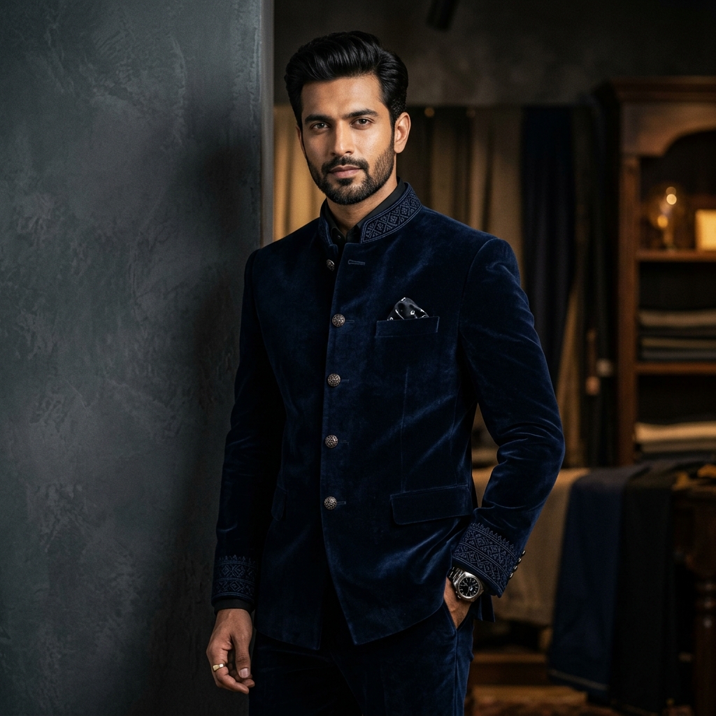 Structured midnight navy velvet Bandhgala jacket