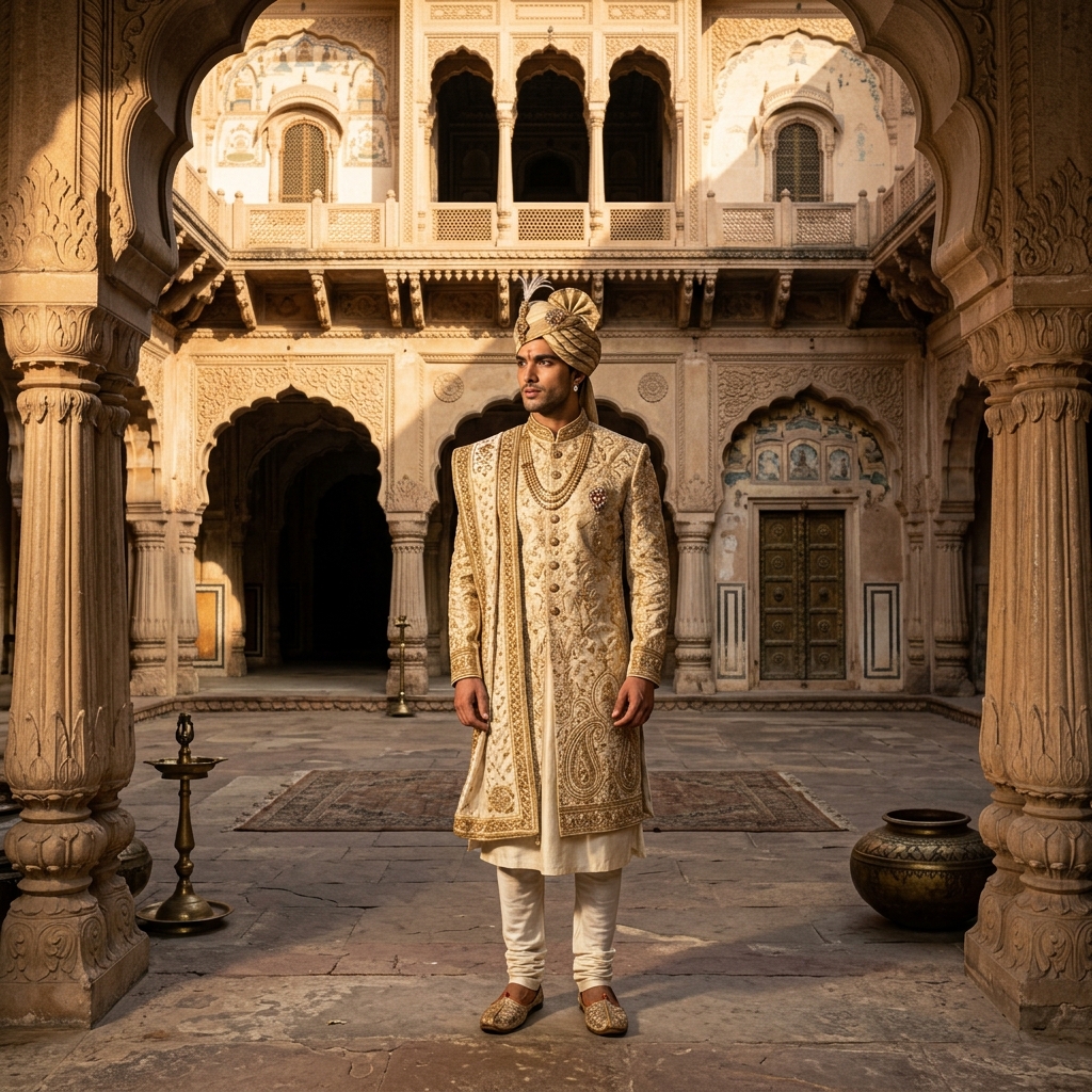 Benzer Gold and Ivory Sherwani in courtyard