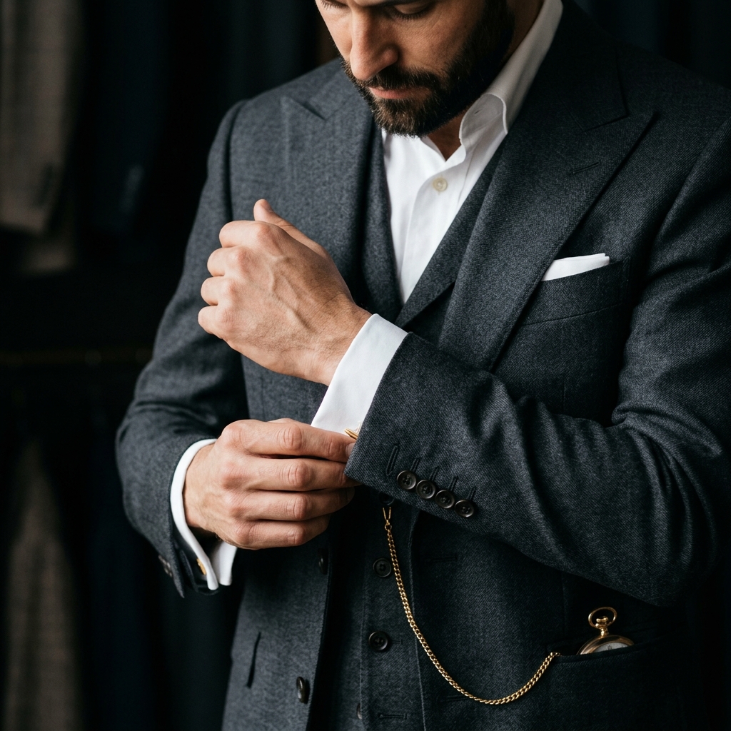 Tailored charcoal grey wool suit detailing