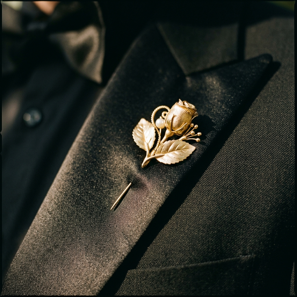 Extreme macro of a black tuxedo lapel and gold boutonniere